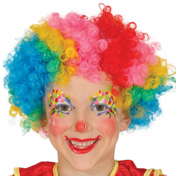 Niño con peluca de payaso multicolor rizada