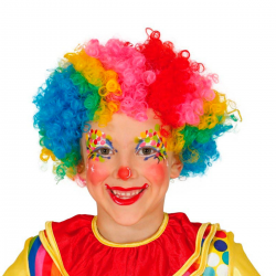 Niño con peluca de payaso multicolor rizada