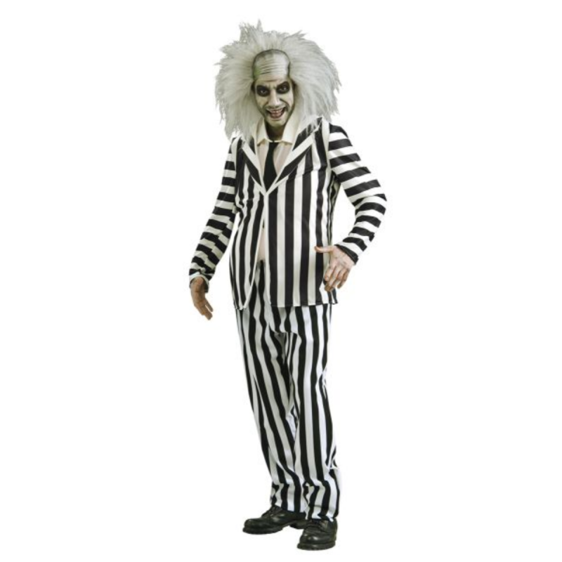 Disfraz de Beetlejuice adulto con chaqueta y pantalones a rayas blancas y negras.