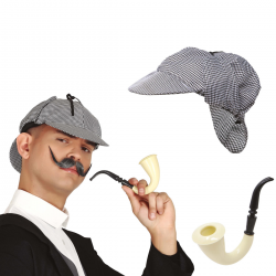 Set de detective con gorra a cuadros y pipa, complemento para disfraces del siglo XIX.