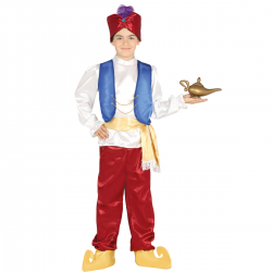 Niño con disfraz de Sultán Aladino, compuesto por gorro, chaleco, camisa, faja y pantalón.