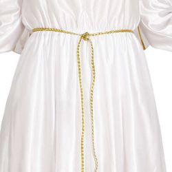 Mujer con disfraz de ángel blanco con vestido asimétrico, cinturón dorado y alas, posando para evento navideño