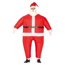 Disfraz de Papá Noel hinchable en color rojo, incluye barba, gorro y mono. Ideal para fiestas navideñas
