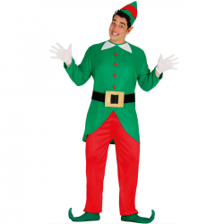 Hombre usando disfraz de elfo para adulto con gorro, camisa y pantalón.