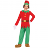 Niño usando disfraz de elfo infantil con gorro y cinturón, listo para la Navidad.