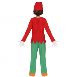 Niño usando disfraz de elfo infantil con gorro y cinturón, listo para la Navidad.