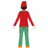 Niño usando disfraz de elfo infantil con gorro y cinturón, listo para la Navidad.