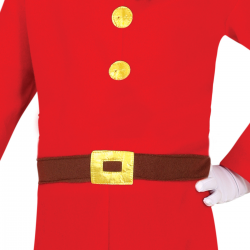 Niño usando disfraz de elfo infantil con gorro y cinturón, listo para la Navidad.