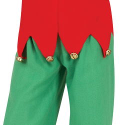 Niño usando disfraz de elfo infantil con gorro y cinturón, listo para la Navidad.