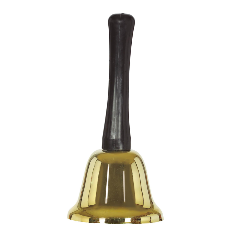 Campana de Papá Noel dorada con mango negro.