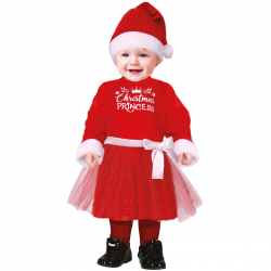 Bebé vestido con disfraz de Christmas Princess Noel con gorro y vestido rojo brillante.