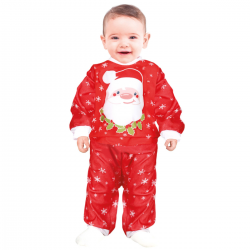 Bebé vestido con disfraz Santa Pyjama Noel de color rojo, con detalles de copos de nieve y Papá Noel