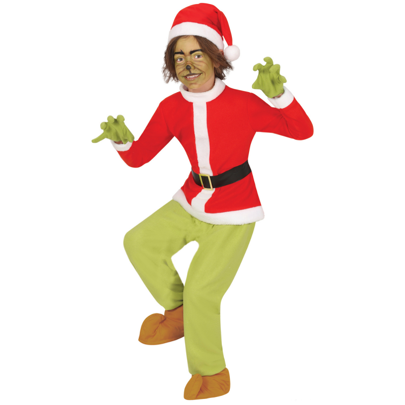 Niño disfrazado de Christmas Hater con casaca roja, gorro navideño y guantes verdes, inspirado en el personaje del Grinch