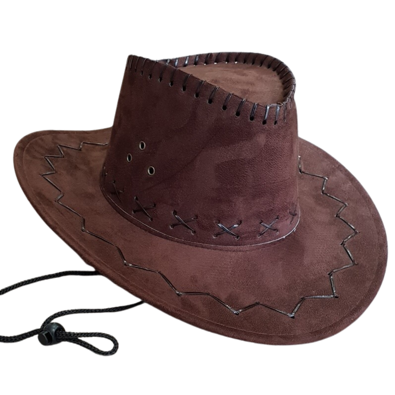 Sombrero vaquero infantil de antelina marrón con cordel y detalles cosidos
