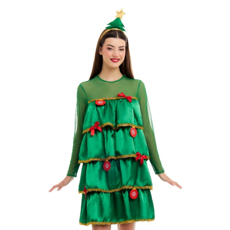 Disfraz de Árbol de Navidad para Mujer con Vestido de Volantes y Diadema Decorativa