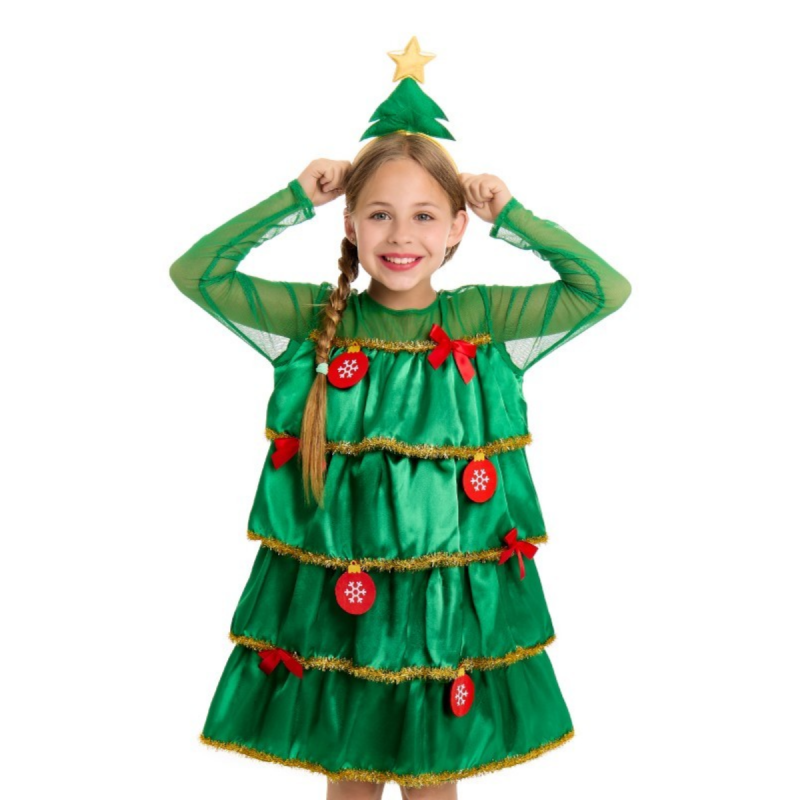 Disfraz Infantil de Árbol de Navidad con Vestido de Volantes y Diadema Decorativa