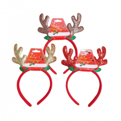 Diademas con cuernos de reno en colores surtidos con brillos decorativos, ideales para disfraces y celebraciones navideñas