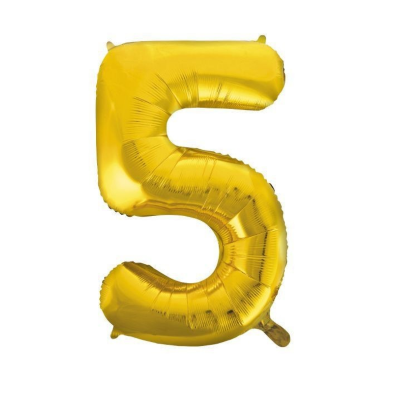 Globo Foil Número 5 en color oro de 110 cm, ideal para decoraciones de fiestas y eventos, compatible con inflado con helio