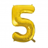 Globo Foil Número 5 en color oro de 110 cm, ideal para decoraciones de fiestas y eventos, compatible con inflado con helio