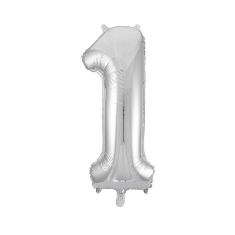 Globo Foil Número 1 en color plata de 110 cm, ideal para decoraciones elegantes y compatible con inflado con helio
