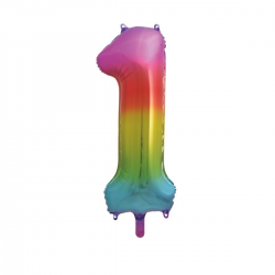 Globo Foil Número 1 Rainbow de 110 cm, diseño multicolor perfecto para celebraciones y compatible con inflado con helio.