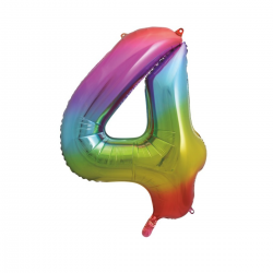 Globo Foil Número 4 Rainbow de 110 cm, diseño vibrante multicolor perfecto para celebraciones y compatible con inflado con helio