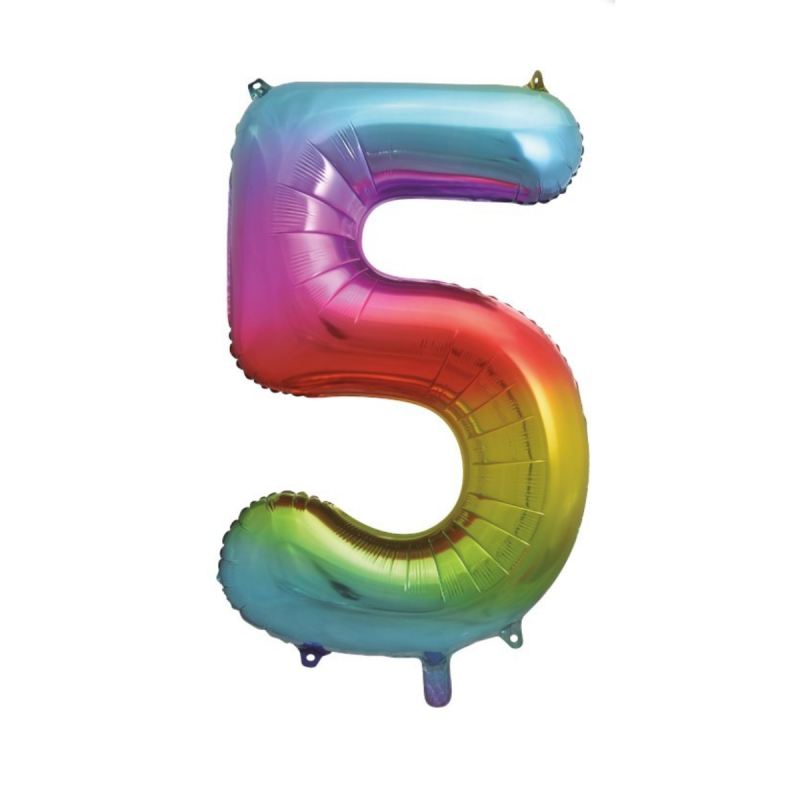 Globo Foil Número 5 Rainbow de 110 cm, diseño multicolor ideal para celebraciones, compatible con inflado con helio