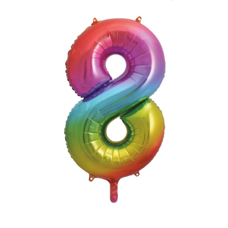 Globo Foil Número 8 Rainbow de 110 cm, diseño multicolor ideal para decoraciones de fiestas, compatible con inflado con helio.