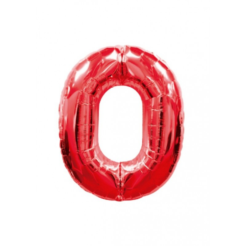 Globo Foil Número 0 en color rojo brillante de 110 cm, ideal para decoraciones de fiestas y eventos especiales