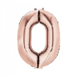 Globo Foil Número 0 en color oro rosa brillante de 110 cm, perfecto para celebraciones elegantes y modernas.