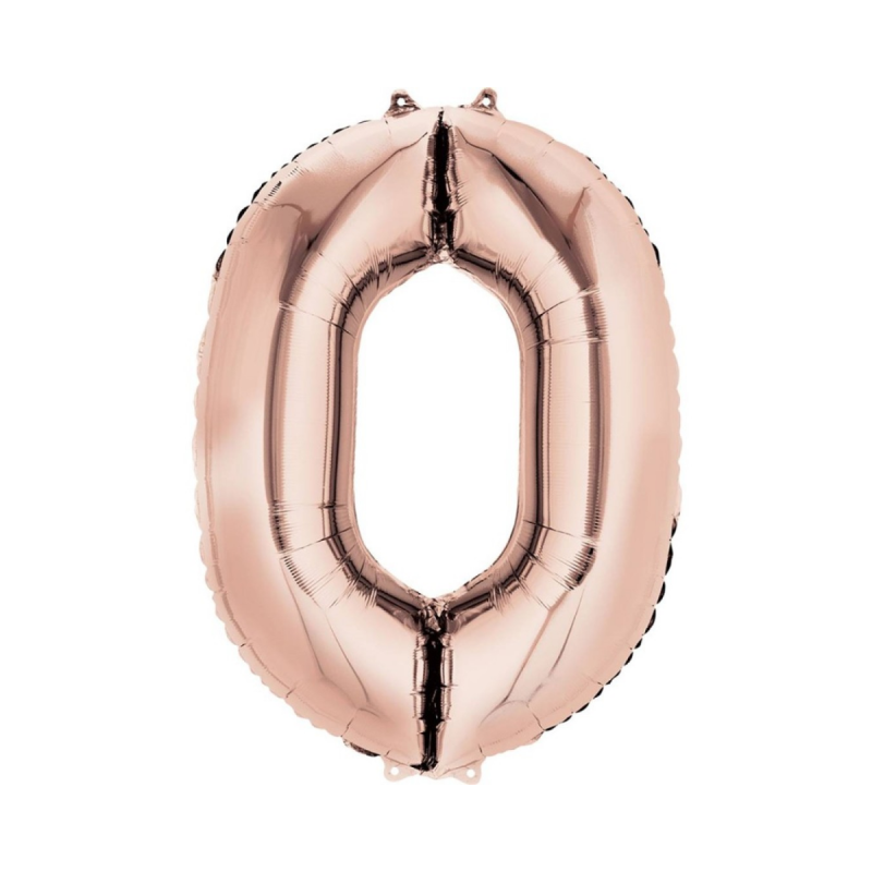 Globo Foil Número 0 en color oro rosa brillante de 110 cm, perfecto para celebraciones elegantes y modernas.