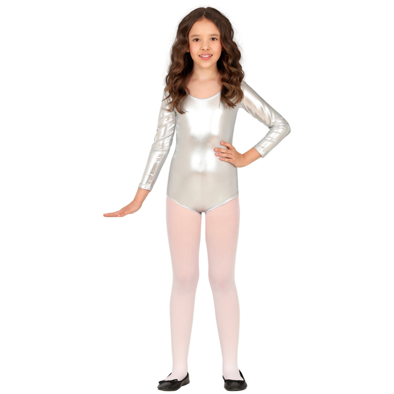Maillot infantil plata metalizado de manga larga, perfecto para danza, disfraces y eventos especiales.