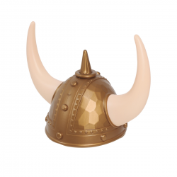 Casco Vikingo Infantil de PVC en color dorado con cuernos blancos, ideal para disfraces de temática nórdica.