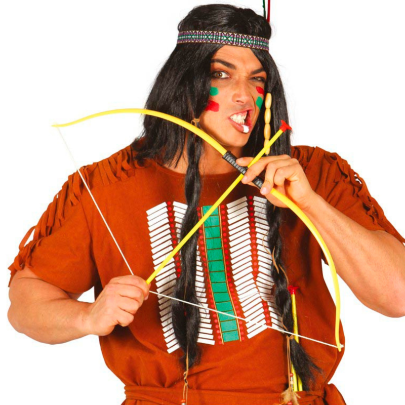 Arco indio de 75 cm en color amarillo con 3 flechas, perfecto para completar disfraces de indios en fiestas y eventos.