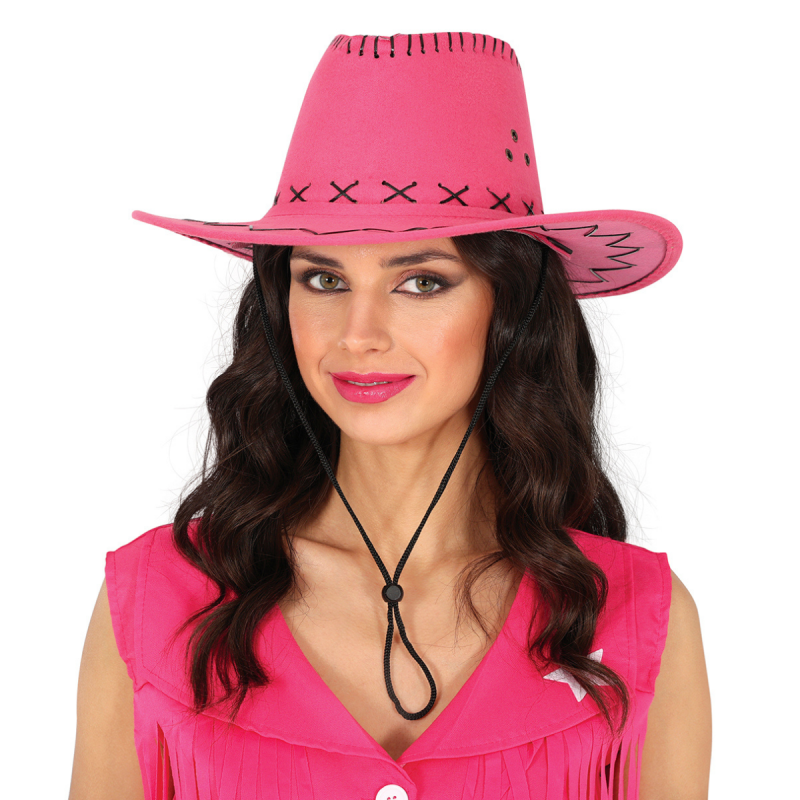Sombrero vaquero en color fucsia simil-piel con detalles en negro, ideal para disfraces del oeste y fiestas temáticas.