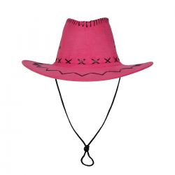 Sombrero vaquero en color fucsia simil-piel con detalles en negro, ideal para disfraces del oeste y fiestas temáticas.