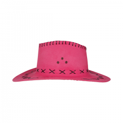 Sombrero vaquero en color fucsia simil-piel con detalles en negro, ideal para disfraces del oeste y fiestas temáticas.