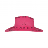 Sombrero vaquero en color fucsia simil-piel con detalles en negro, ideal para disfraces del oeste y fiestas temáticas.