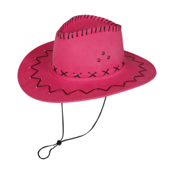 Sombrero vaquero en color fucsia simil-piel con detalles en negro, ideal para disfraces del oeste y fiestas temáticas.
