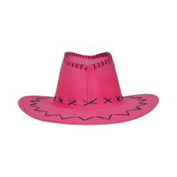 Sombrero vaquero en color fucsia simil-piel con detalles en negro, ideal para disfraces del oeste y fiestas temáticas.