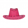 Sombrero vaquero en color fucsia simil-piel con detalles en negro, ideal para disfraces del oeste y fiestas temáticas.