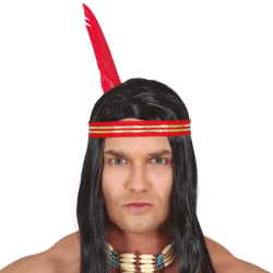 Peluca de indio en color negro con cinta decorativa roja y pluma, ideal para disfraces de nativos y fiestas temáticas.