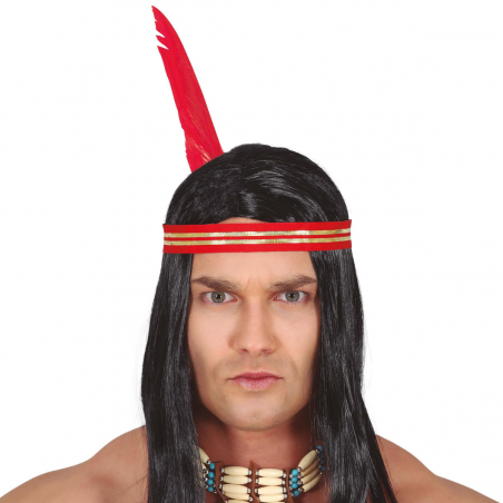 Peluca de indio en color negro con cinta decorativa roja y pluma, ideal para disfraces de nativos y fiestas temáticas.