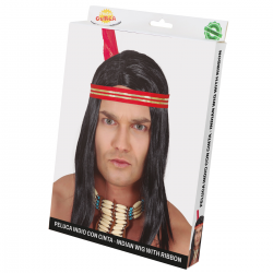Peluca de indio en color negro con cinta decorativa roja y pluma, ideal para disfraces de nativos y fiestas temáticas.