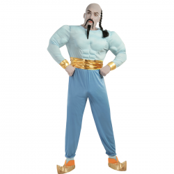 Hombre con Disfraz de Genio de la Lámpara, luciendo un mono musculoso azul con cinturón dorado y zapatos en punta.