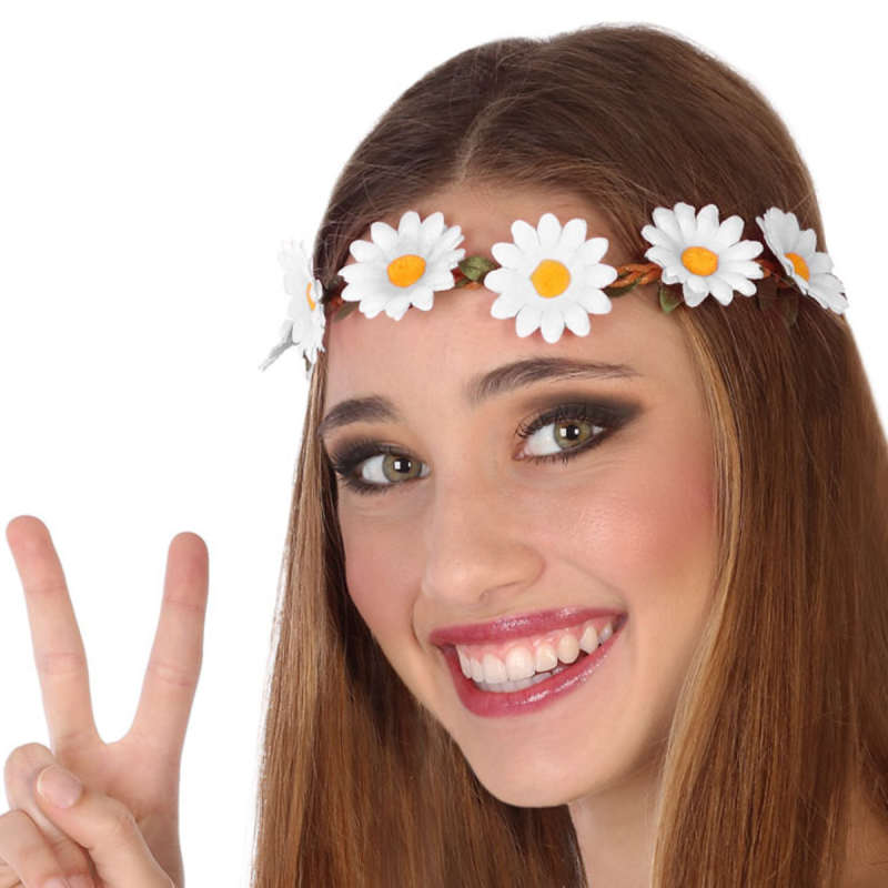 Tocado de flores blanco con cinta trenzada, accesorio ideal para disfraces hippies y festivales