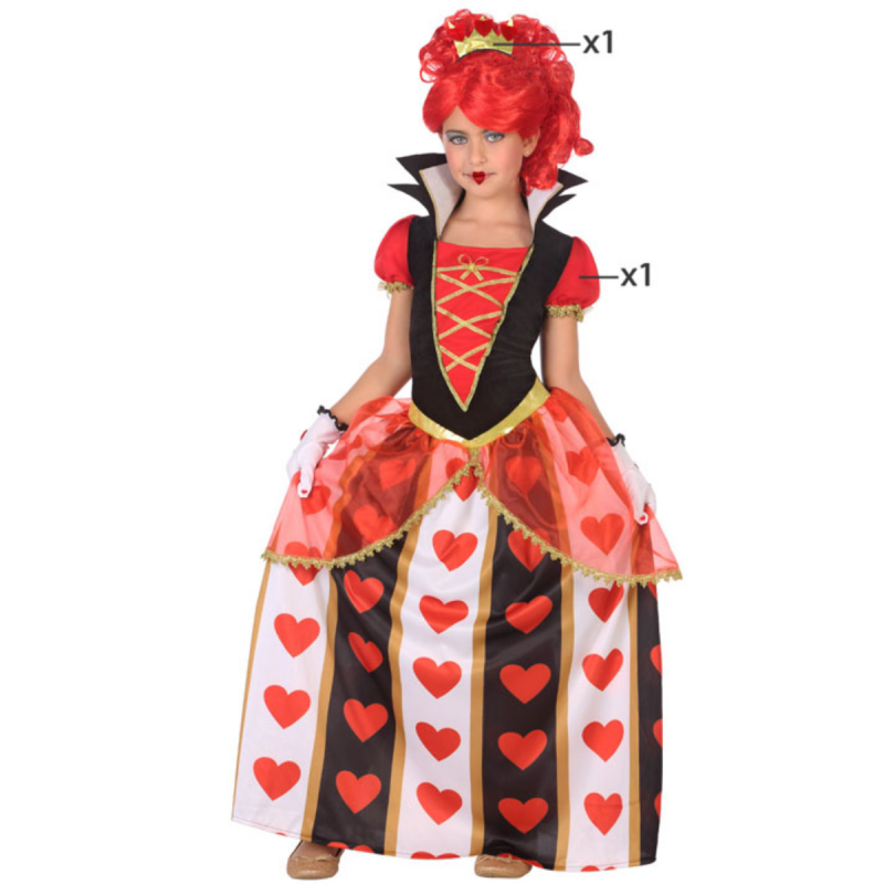 Disfraz de Reina de Corazones infantil con vestido y corona, ideal para Carnaval y fiestas temáticas.