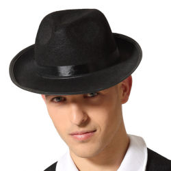 Sombrero de gánster negro de fieltro con cinta satinada, accesorio ideal para disfraces de los años 20 y fiestas temáticas.