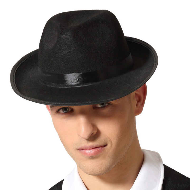 Sombrero de gánster negro de fieltro con cinta satinada, accesorio ideal para disfraces de los años 20 y fiestas temáticas.