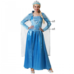 Disfraz de princesa azul para mujer con vestido satinado, capa y cinturón decorado, ideal para Carnaval y fiestas temáticas